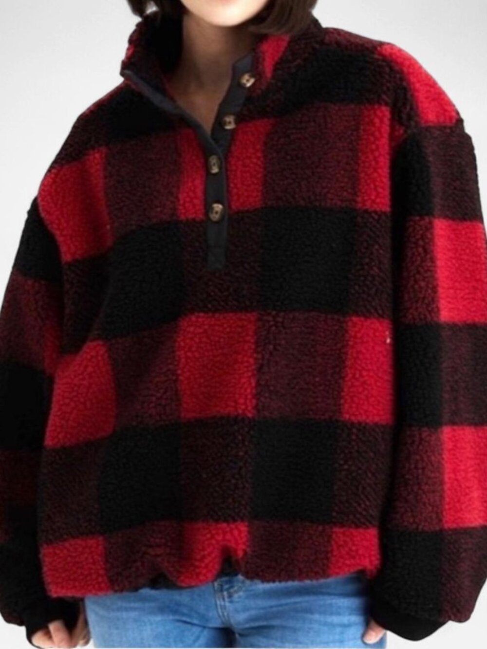 American Eagle Womens Buffalo Red and Black Plaid Sherpa Jacket Pullover
